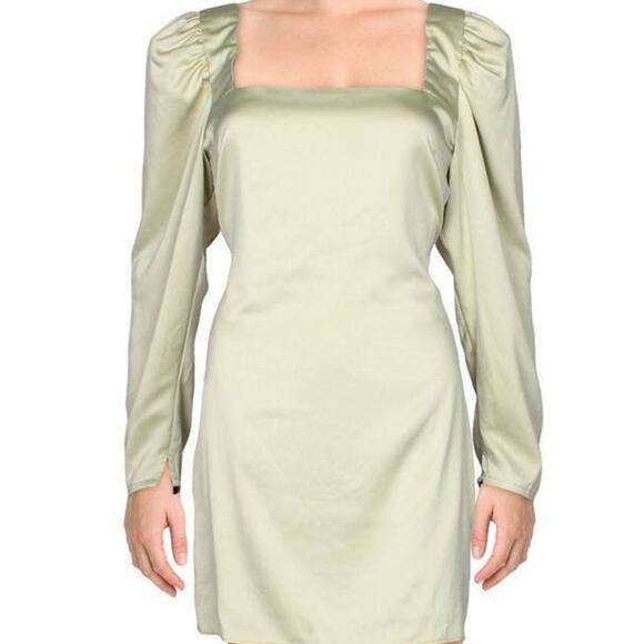DANIELLE BERNSTEIN M sage green satin long sleeve square neck mini dress NWT B19 - Picture 1 of 6